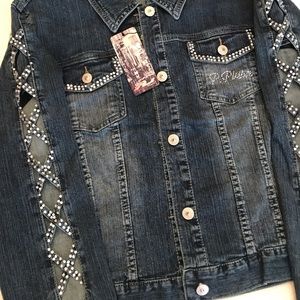 New rare denim jacket with rhinestone embellishments crisscross peekaboo sleeves